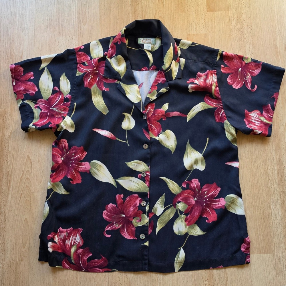 Tommy Bahama Womens Black Red Silk Floral Lily Herringbone Shirt Large or Medium